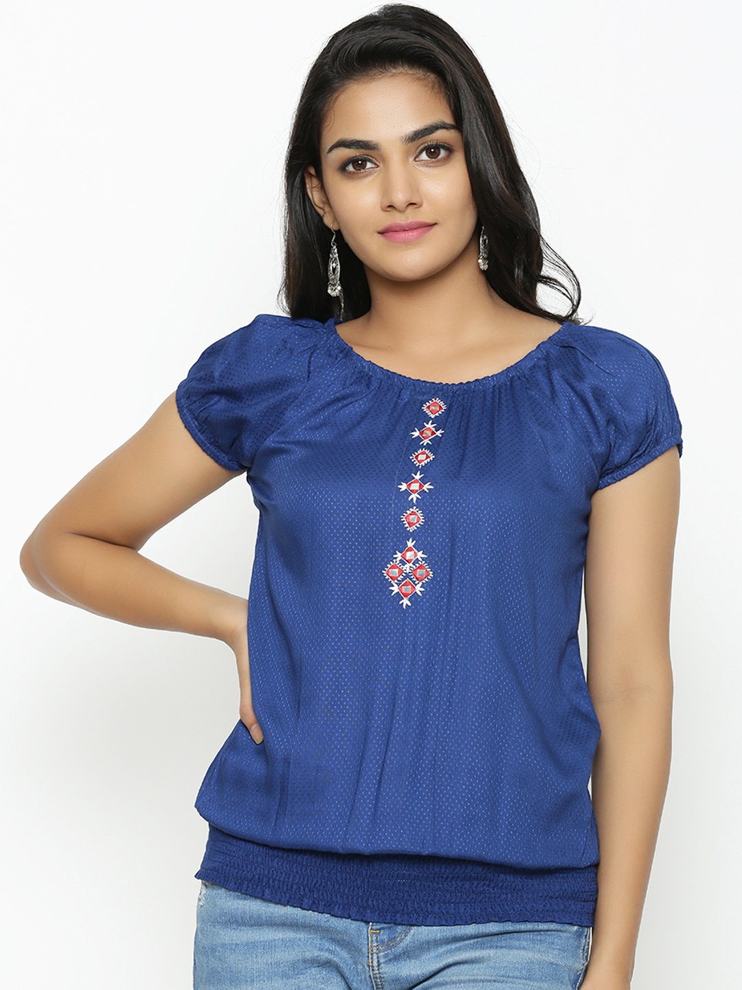 

YASH GALLERY Women Blue Self Design Blouson Top