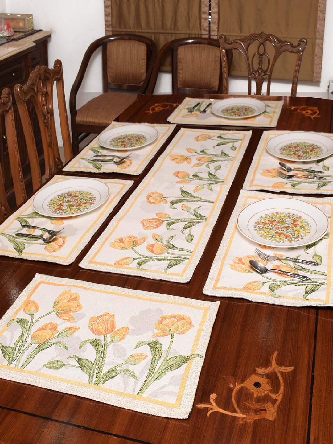 

Avira Home Set of 7 Multicoloured Jaquard Woven Table Placemats With Runner, Multi