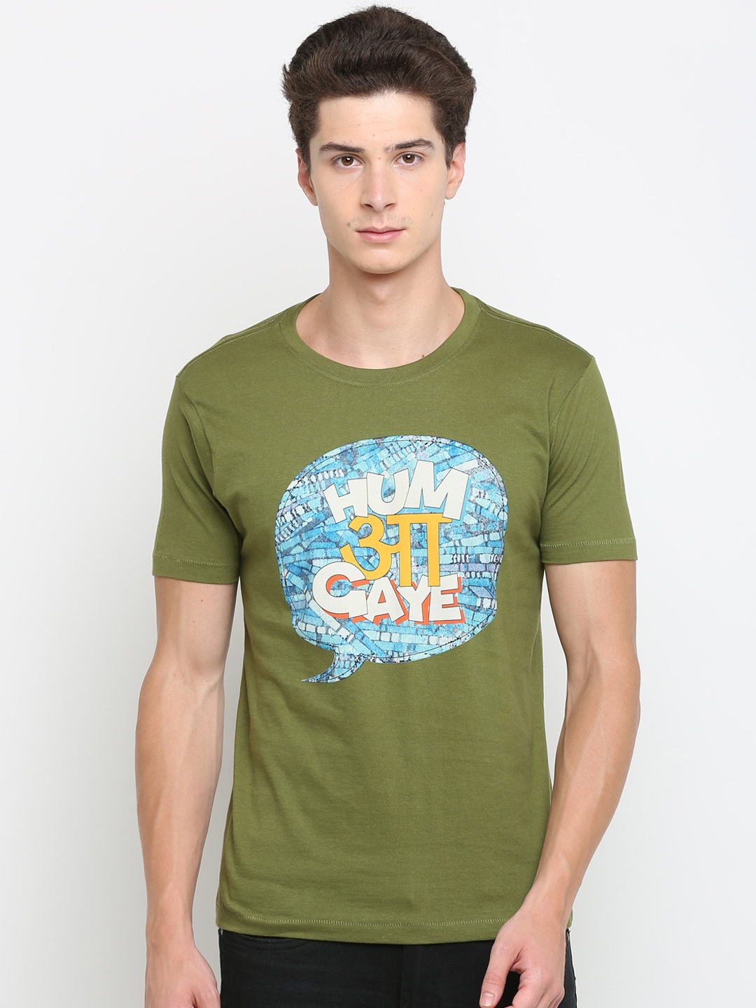 

Newport Men Olive Green Printed Round Neck Slim-Fit Pure Cotton T-shirt
