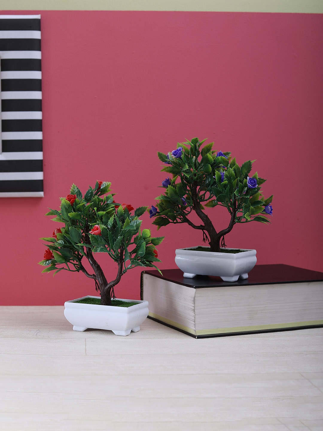 

FOLIYAJ Set of 2 Multicoloured Artifical 3-Branch Bonsai Tree With Pot, Multi