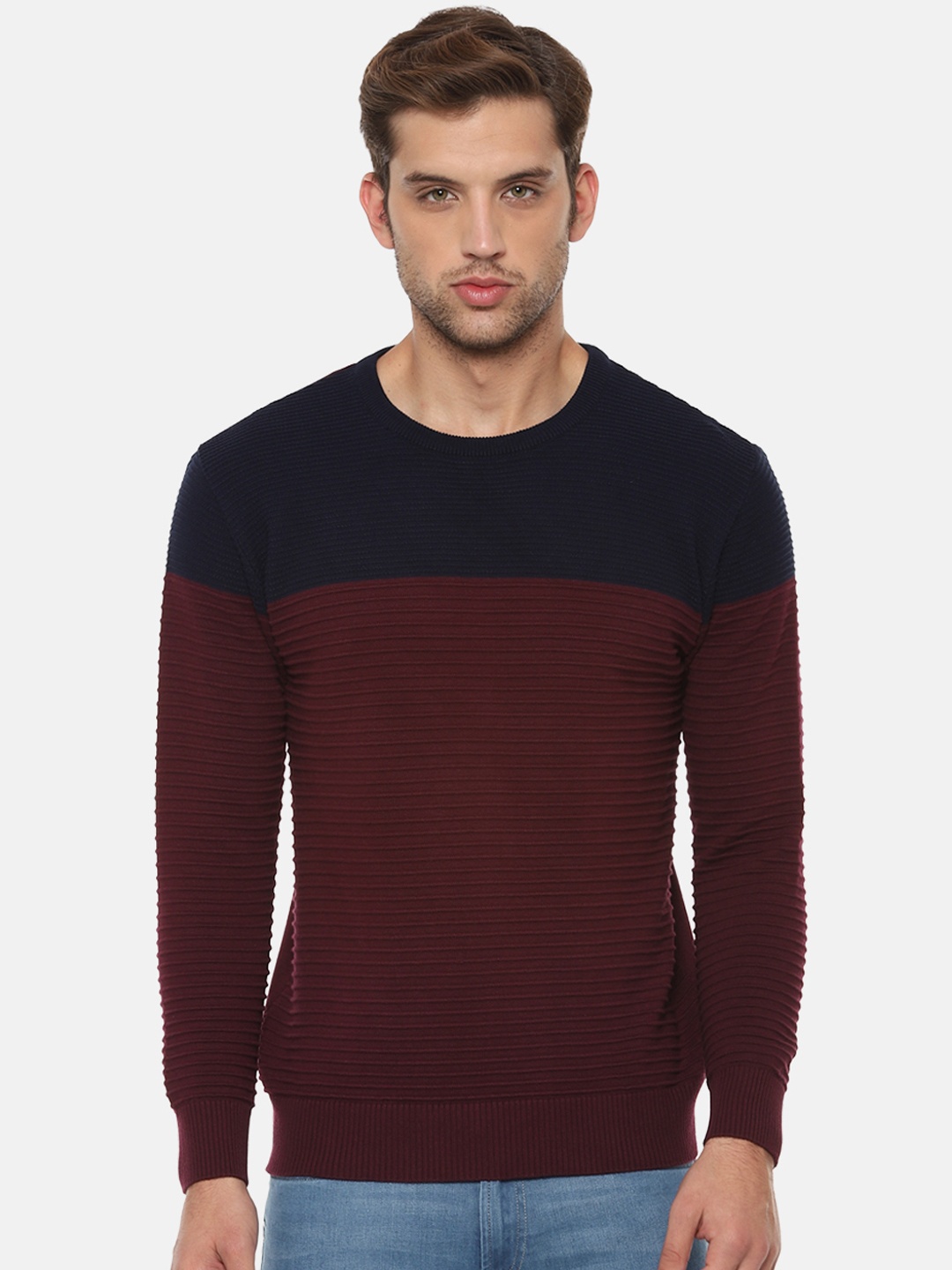 

People Men Navy Blue & Burgundy Colourblocked Sweater