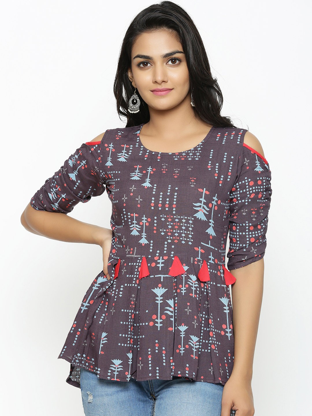 

YASH GALLERY Women Grey Printed High-Low Top