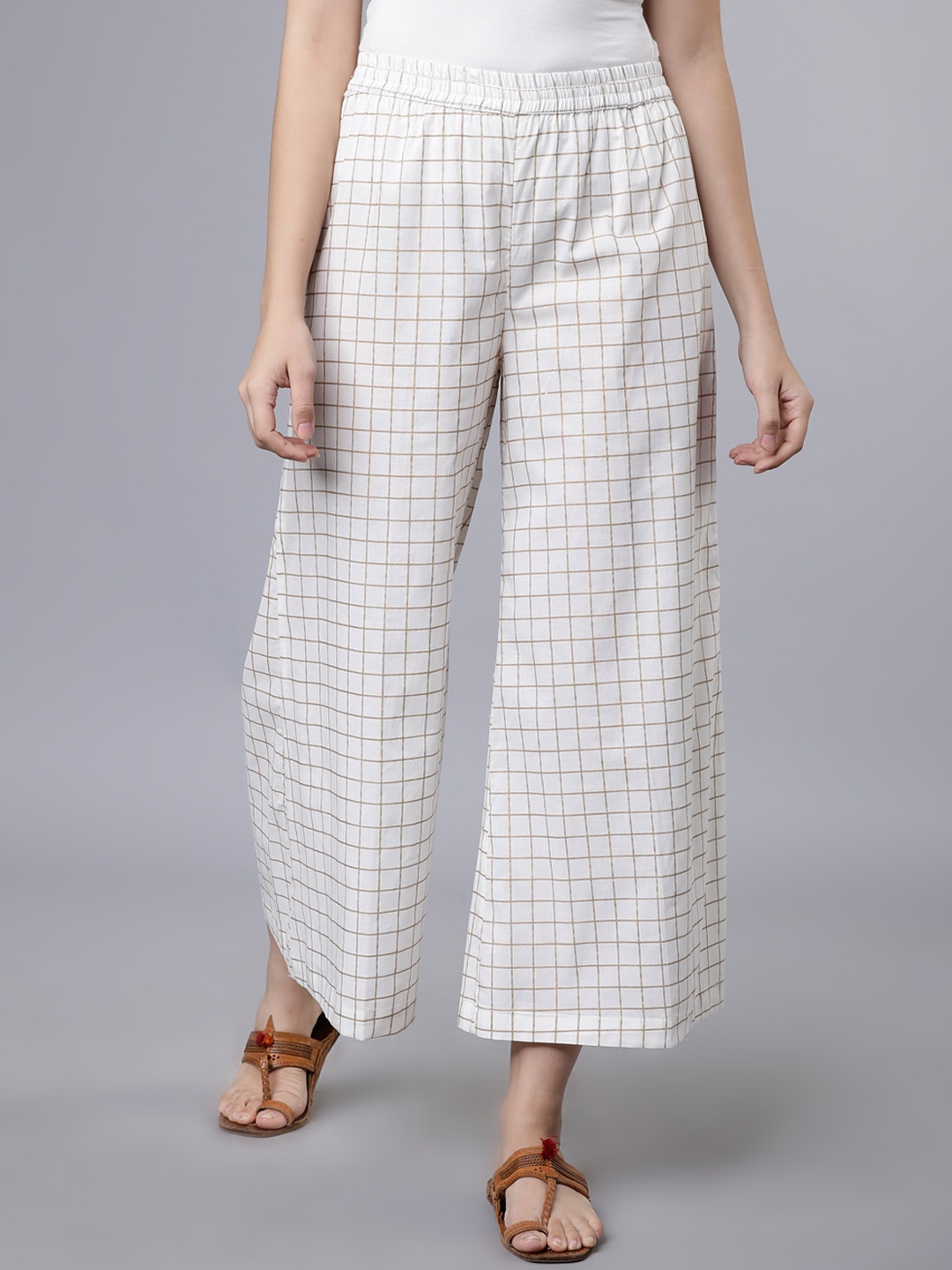 

Vishudh Women Off-White & Beige Checked Flared Palazzos