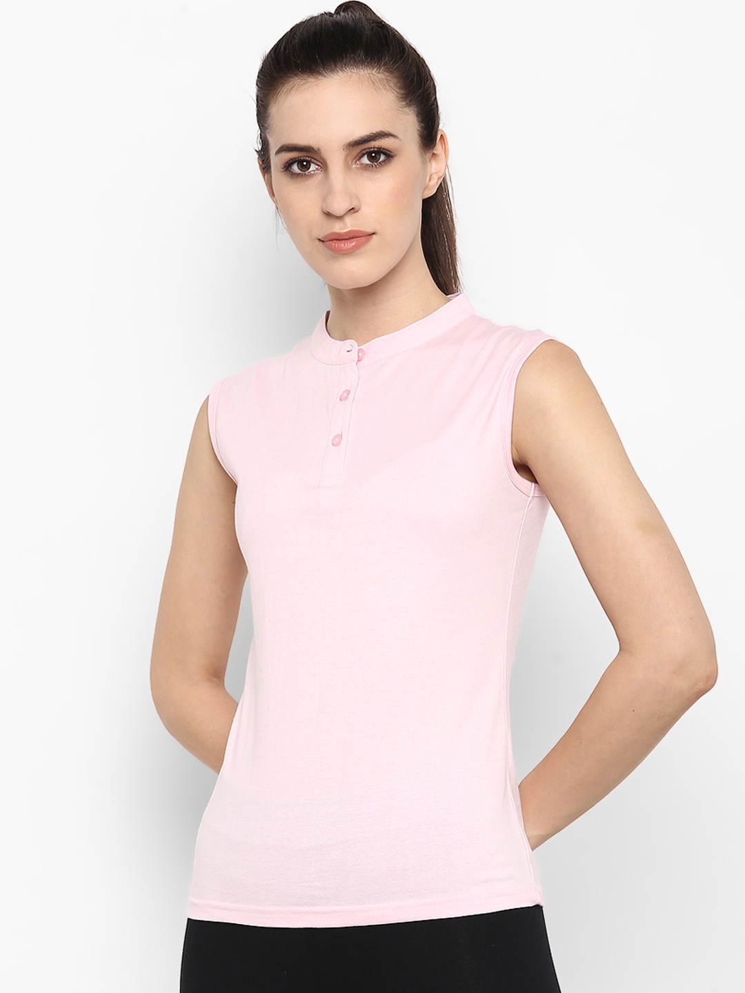 

appulse Women Pink Solid Slim Fit Mandarin Collar T-shirt