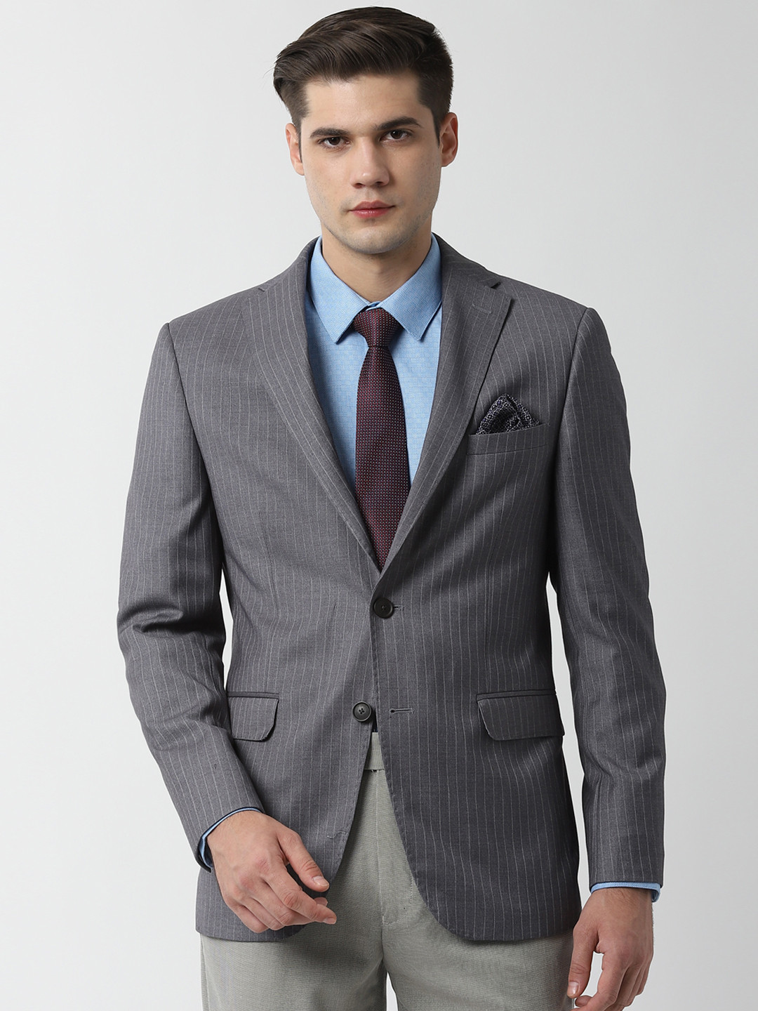 

Peter England Men Grey Striped Slim-Fit Single-Breasted Blazer