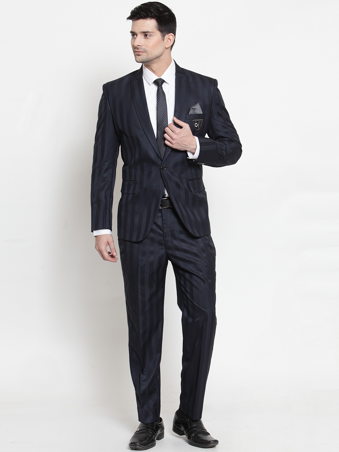 LUXURAZI Men Blue Striped Slim-Fit Single-Breasted Two-Piece Formal Suit