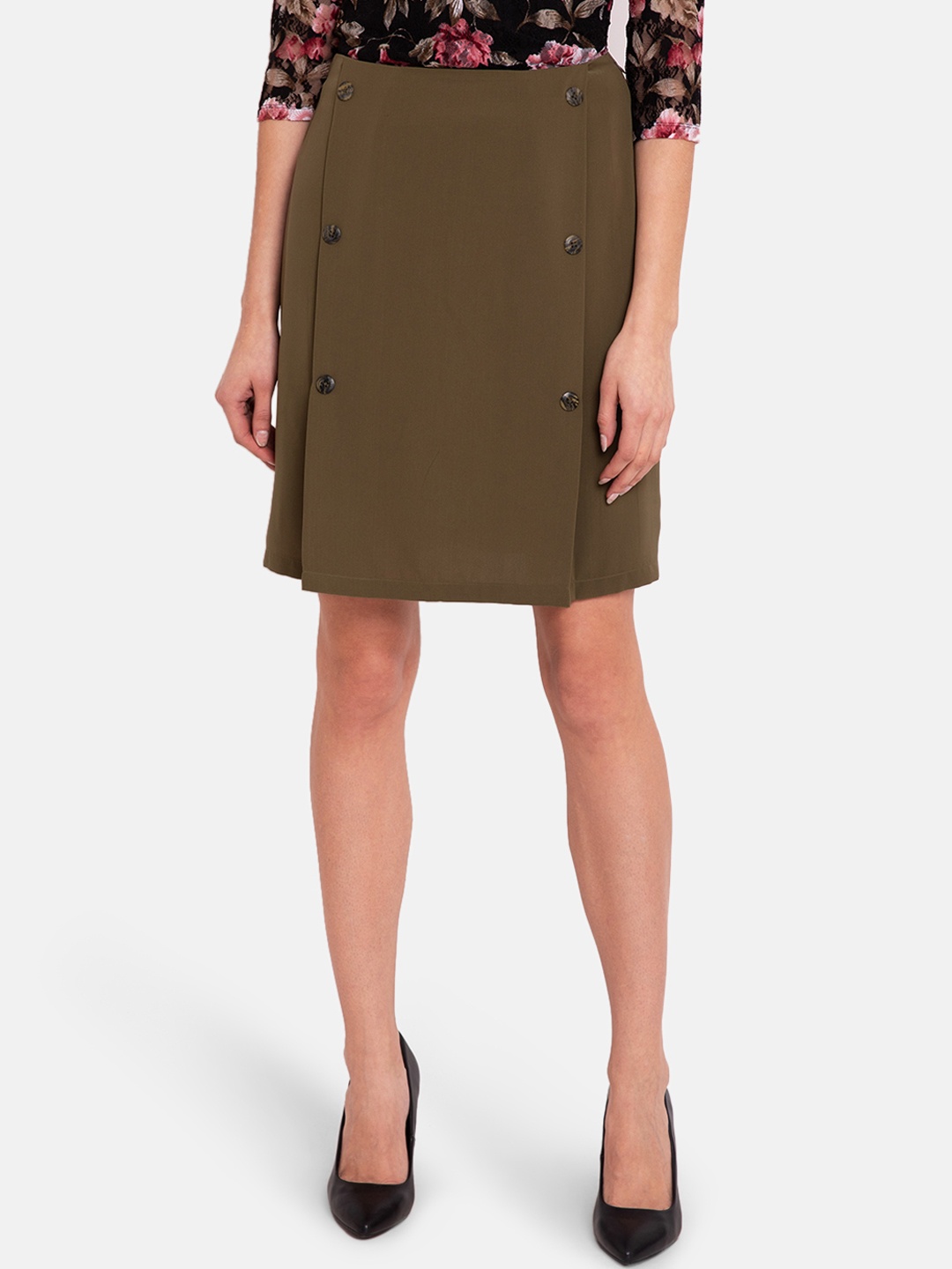 

Kazo Women Olive Green Solid Straight Skirt