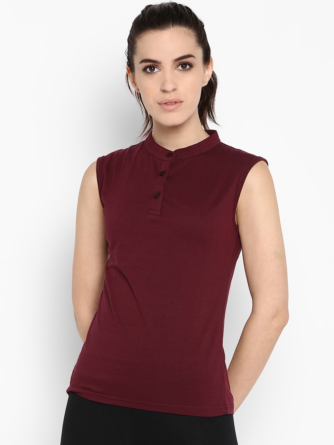 

appulse Women Maroon Solid Slim Fit Mandarin Collar T-shirt