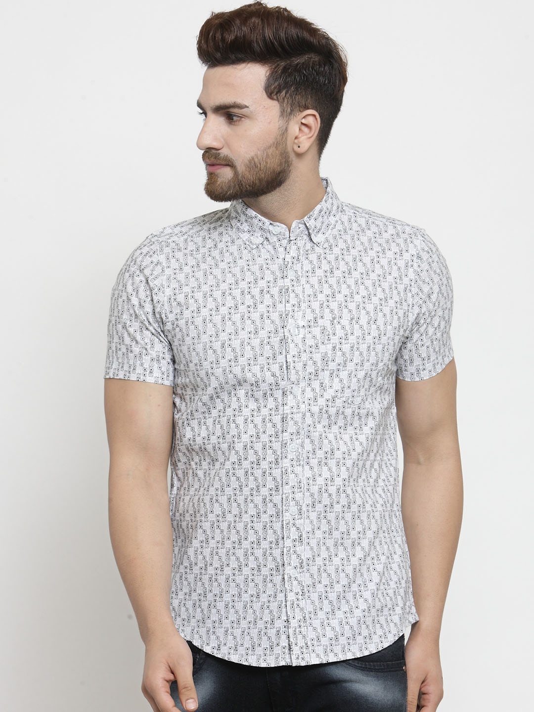 

Purple State Men White & Grey Slim Fit Printed Casual Shirt