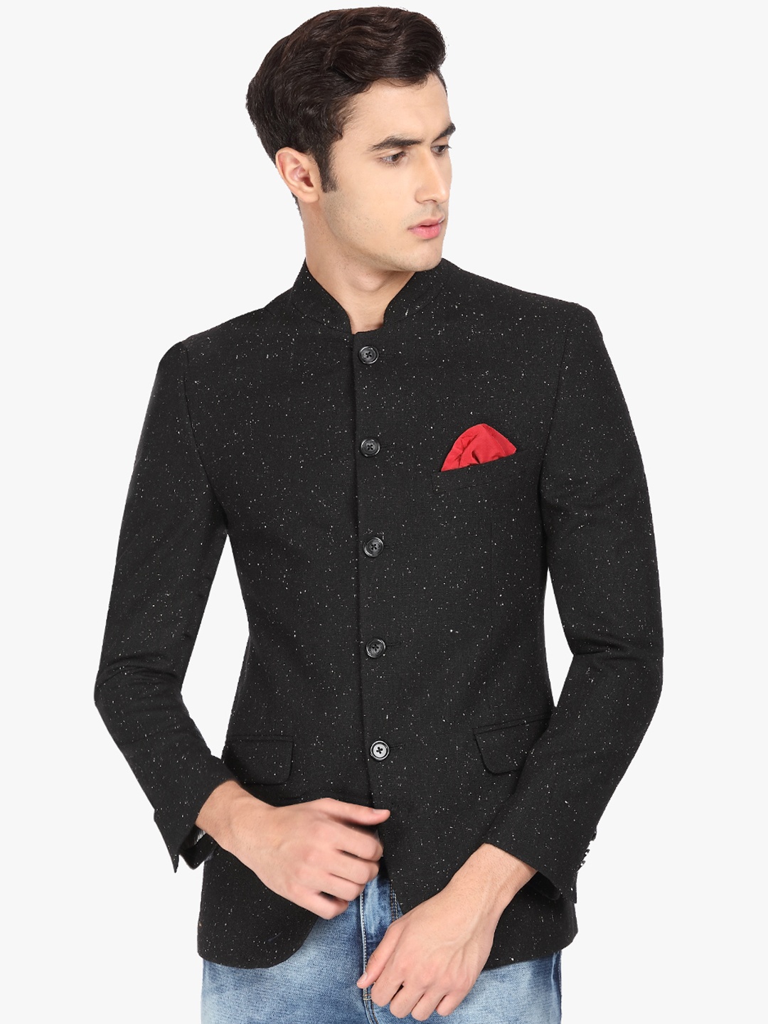 

SUITLTD Men Black Self Design Slim-Fit Bandhgala Blazer