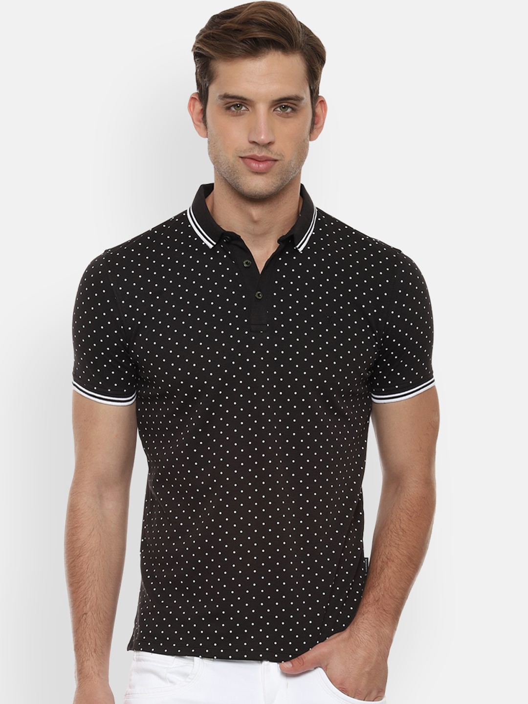

V Dot Men Black Printed Polo Collar T-shirt
