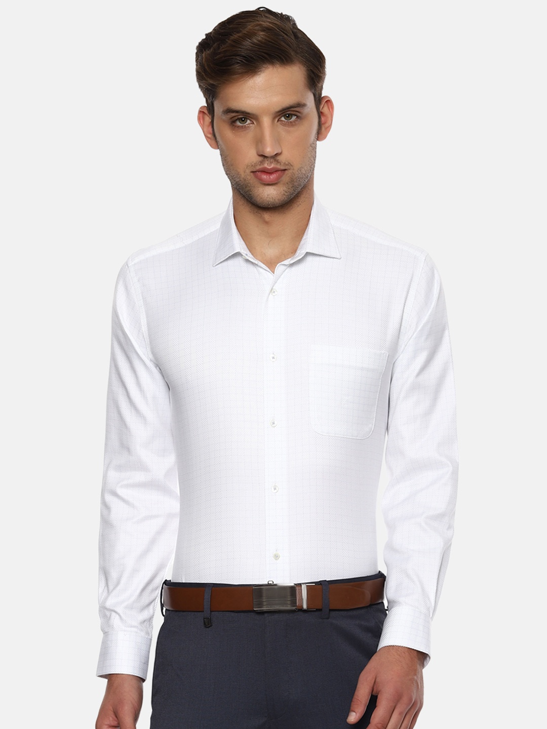 Van Heusen Men White Slim Fit Checked Formal Shirt