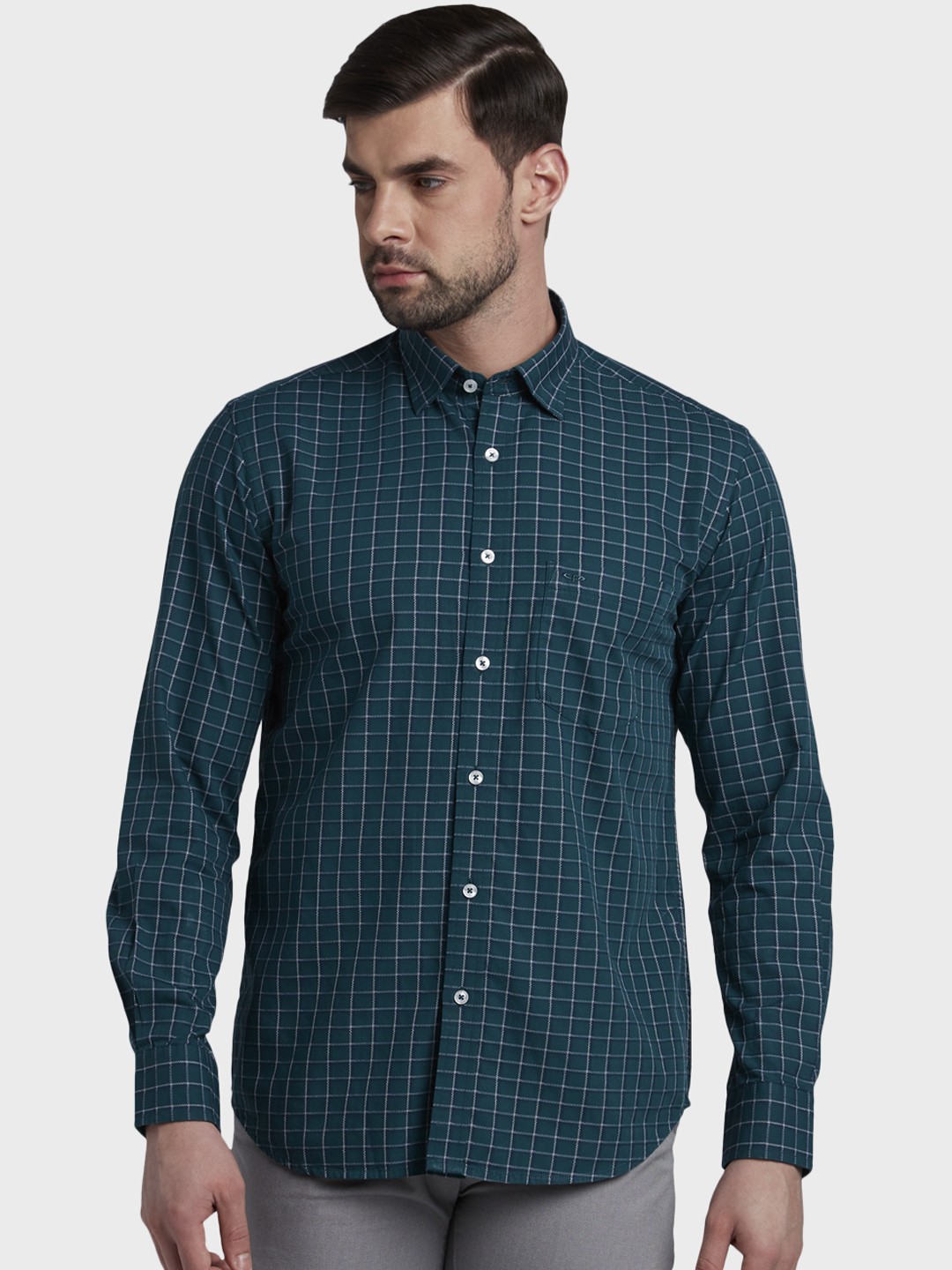 

ColorPlus Men Green & White Tailored Fit Checked Casual Shirt