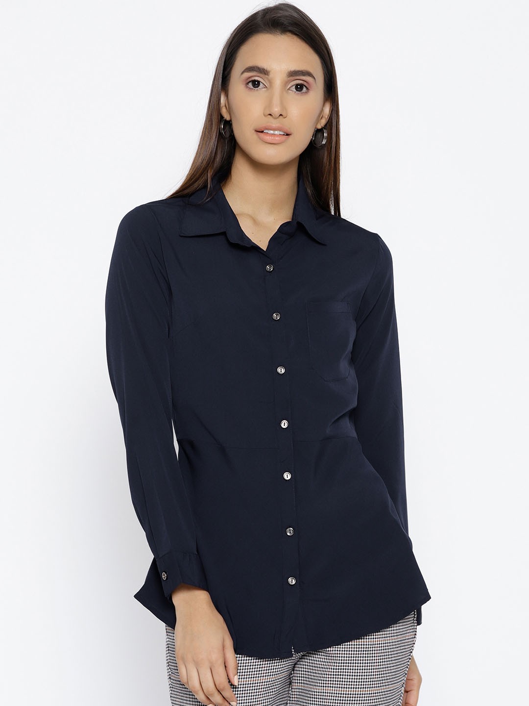 

Cottinfab Women Navy Blue Solid Shirt Style Top