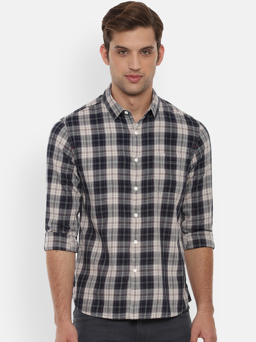 People Men Black & Beige Regular Fit Checked Casual Shirt