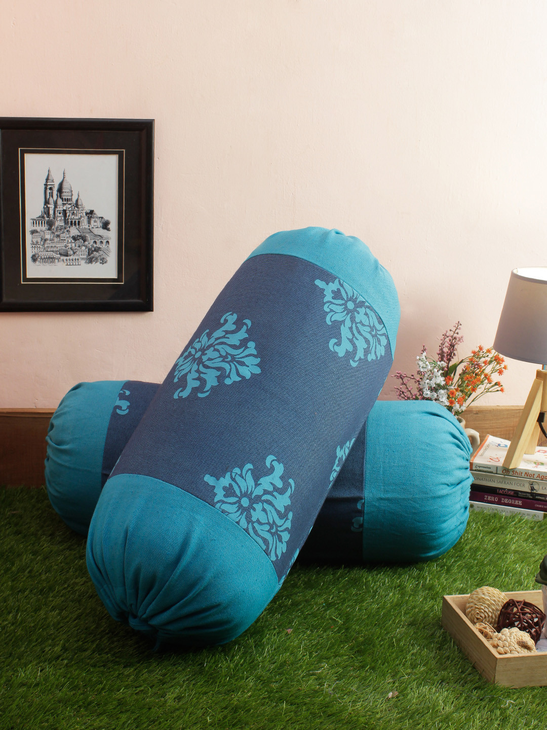 

Soumya Set of 2 Blue Printed 200TC Cotton Bolster Covers