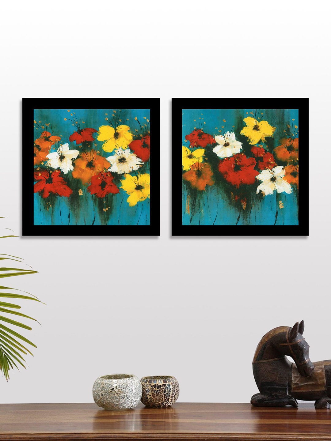 

Art Street Set of 2 Multicoloured Flowers UV Wall Art With Wooden Frame, Multi