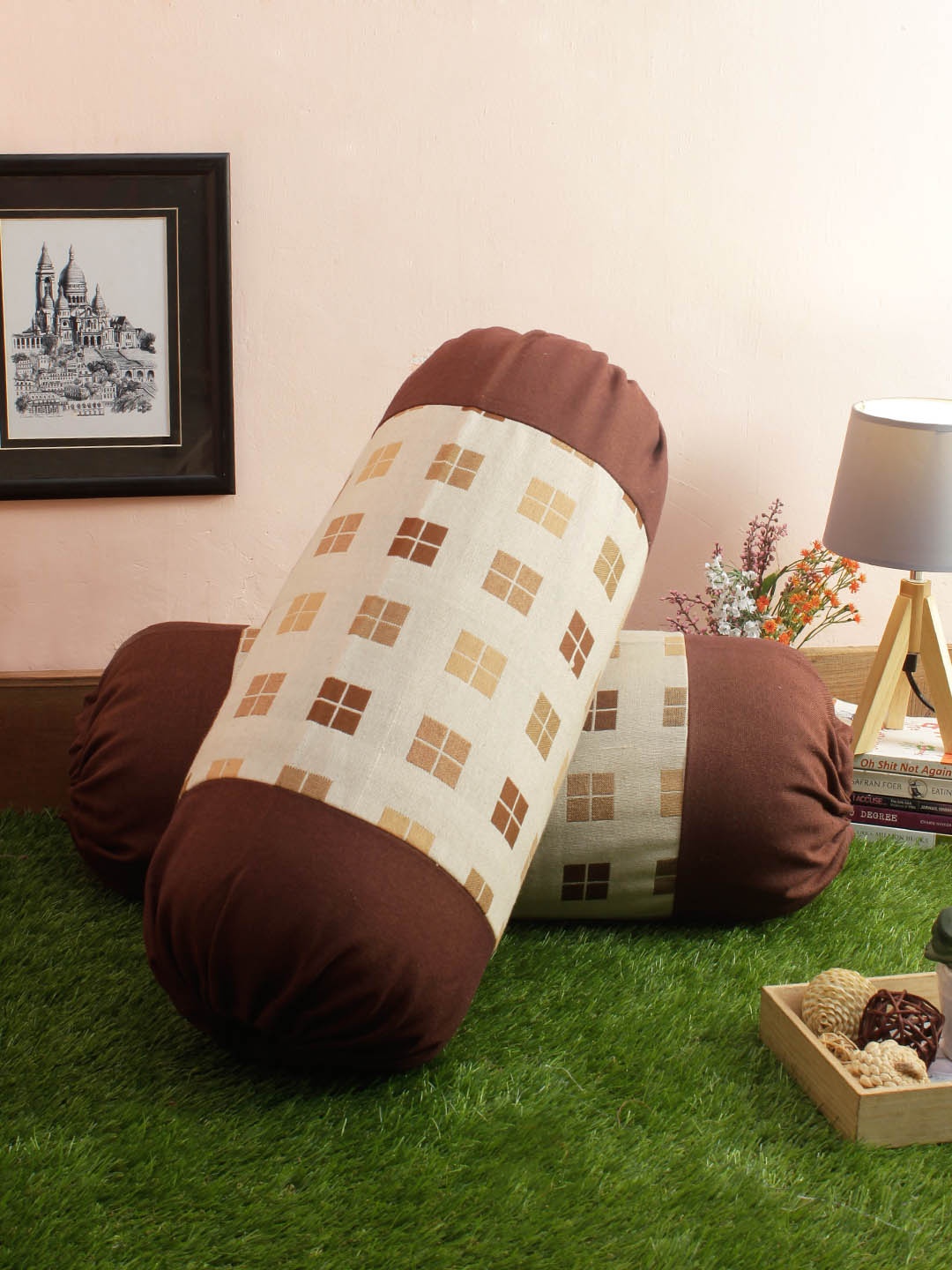 

Soumya Set of 2 Beige & Brown Checked 200TC Cotton Bolster Covers