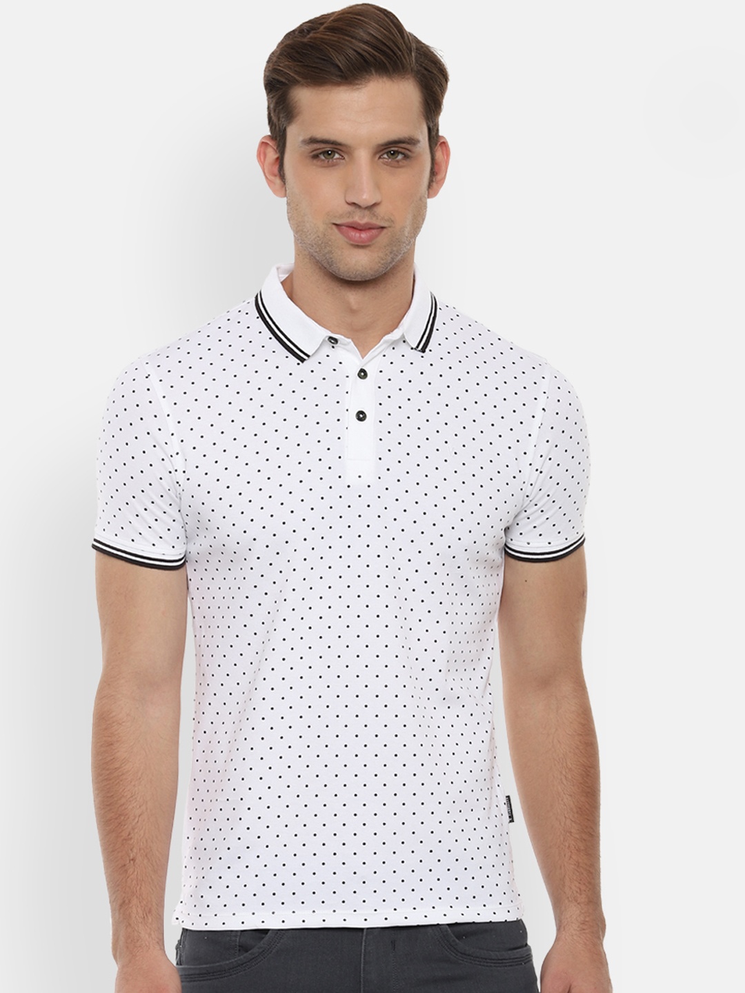 

V Dot Men White Printed Polo Collar T-shirt