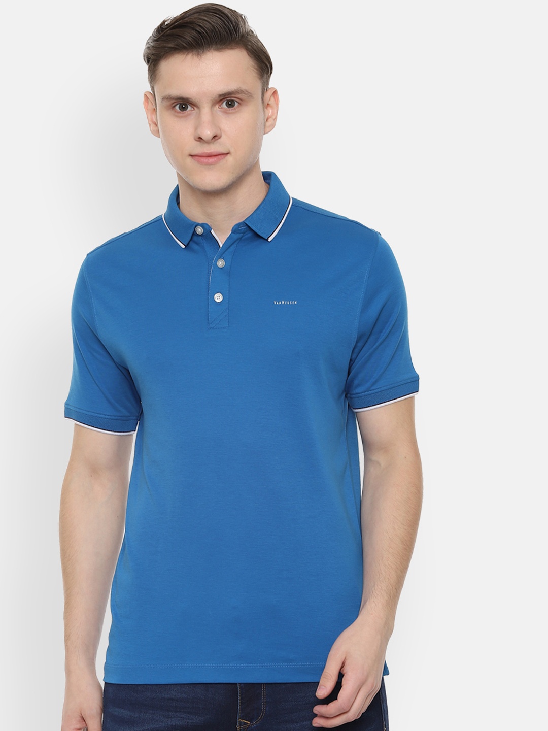 

Van Heusen Men Blue Solid Polo Collar Pure Cotton T-shirt