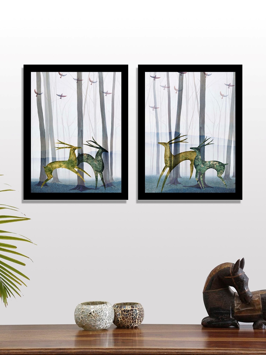

Art Street Set of 2 Multicoloured Deers & Birds UV Wall Art With Wooden Frame, Multi