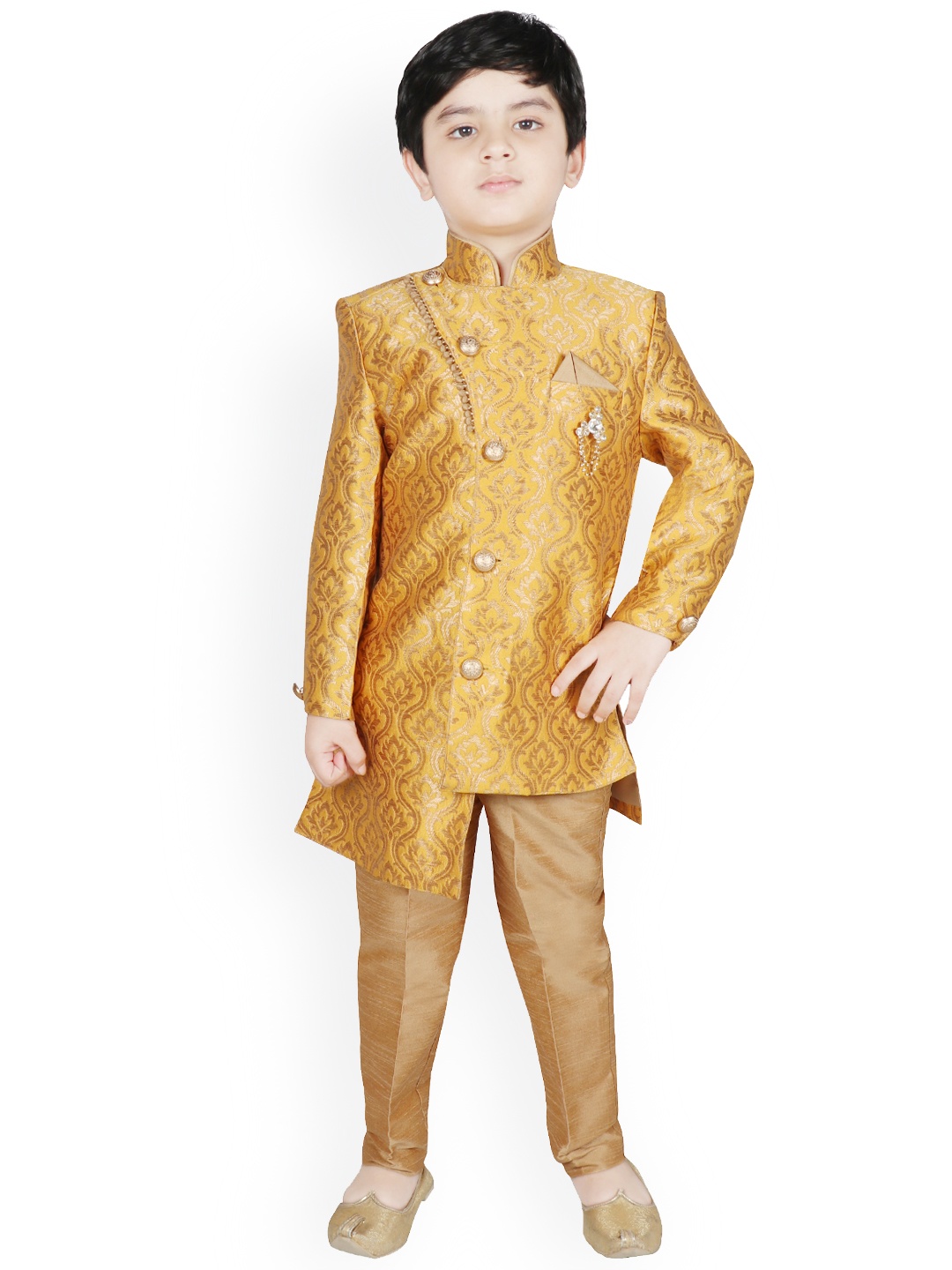 

SG YUVRAJ Boys Yellow & Brown Woven Design Silk Sherwani Set