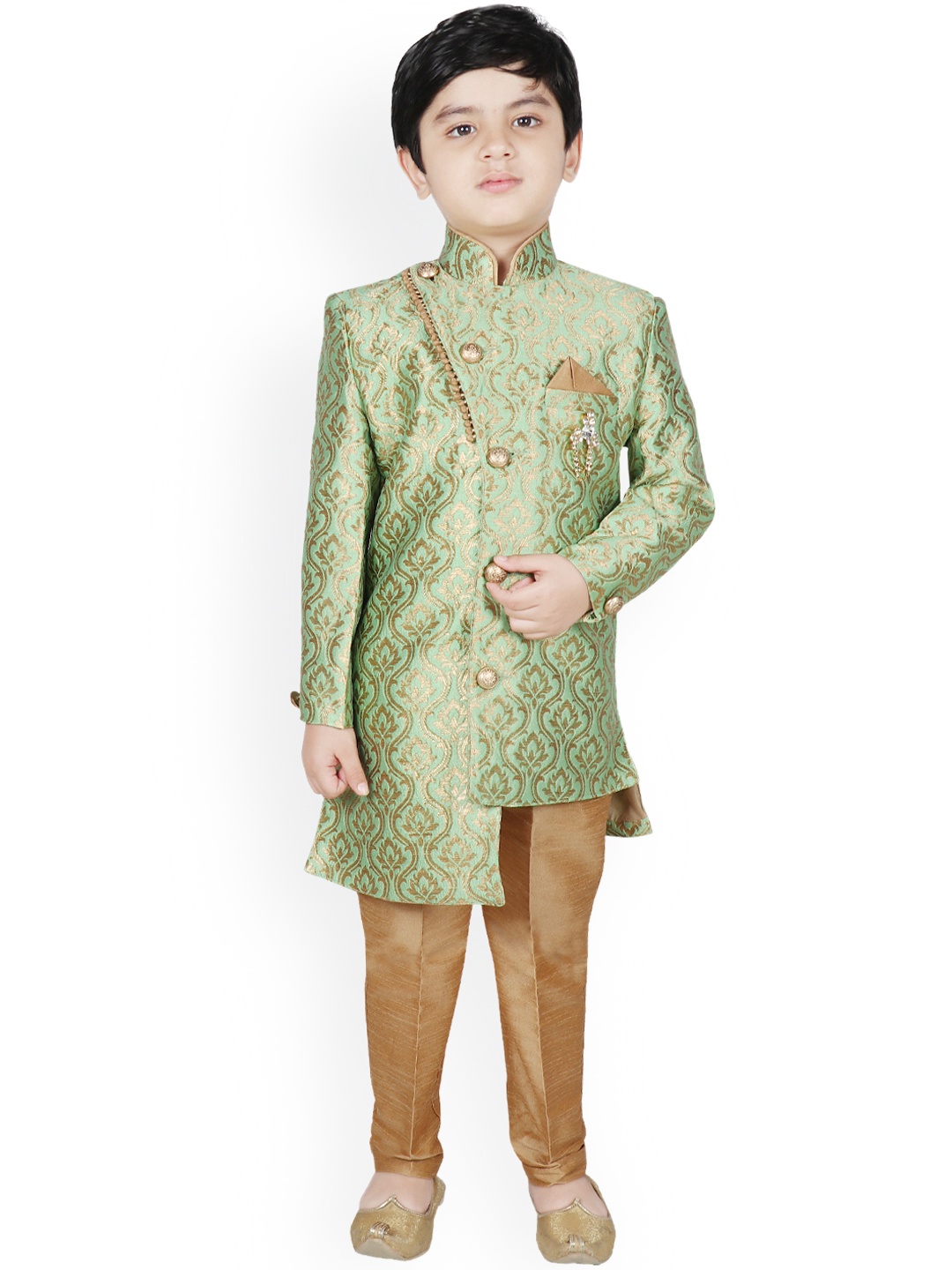 

SG YUVRAJ Boys Green & Brown Woven Design Silk Sherwani Set