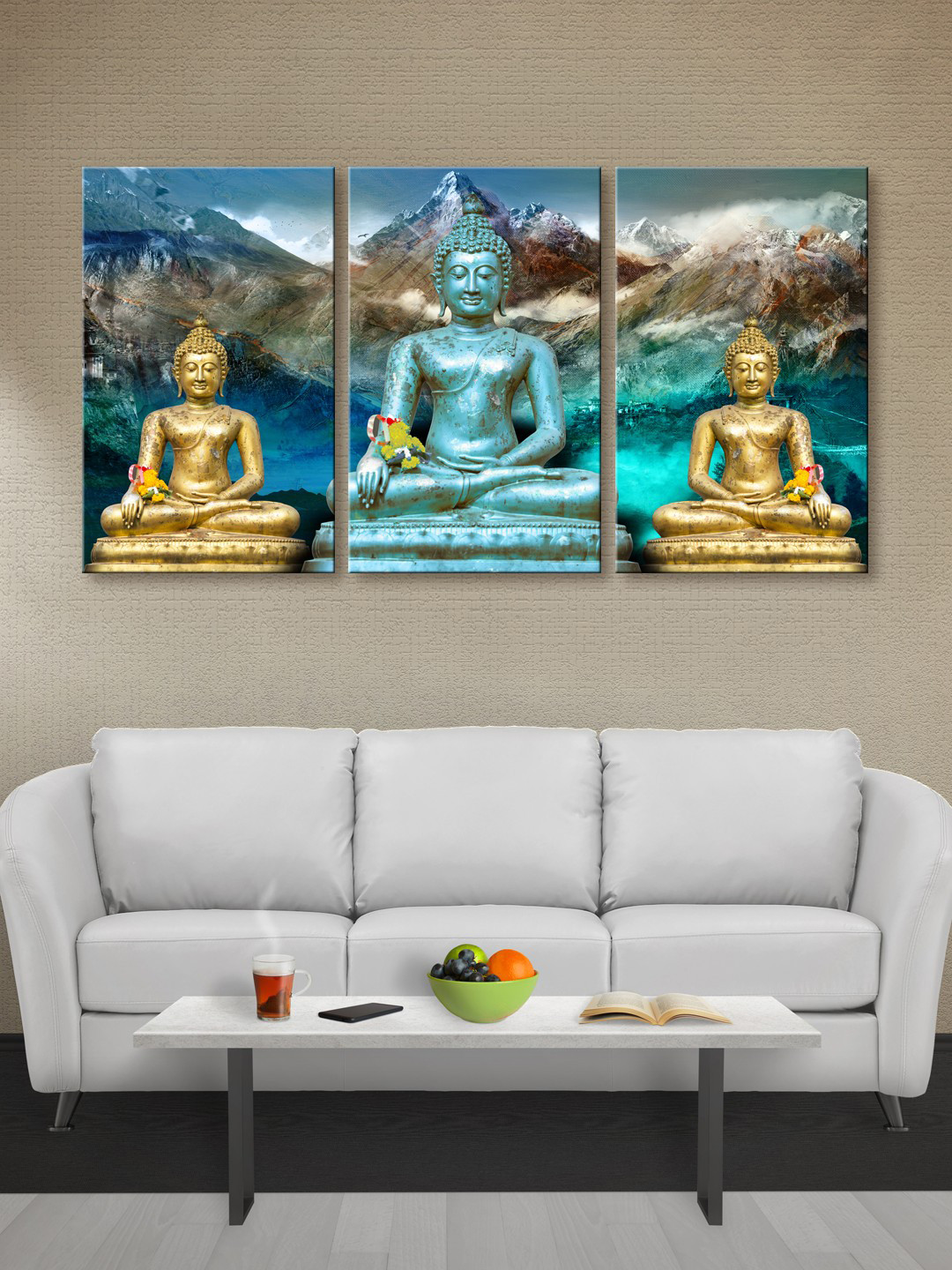 

999Store Set Of 3 Multicoloured Lord Buddha Canvas Wall Art, Multi