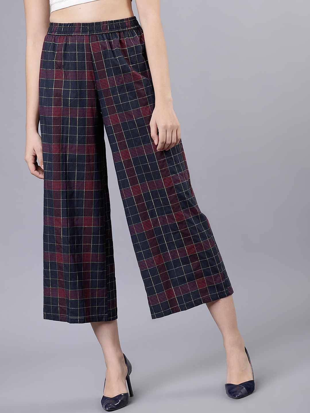 

Vishudh Women Navy Blue & Red Checked Straight Cropped Palazzos