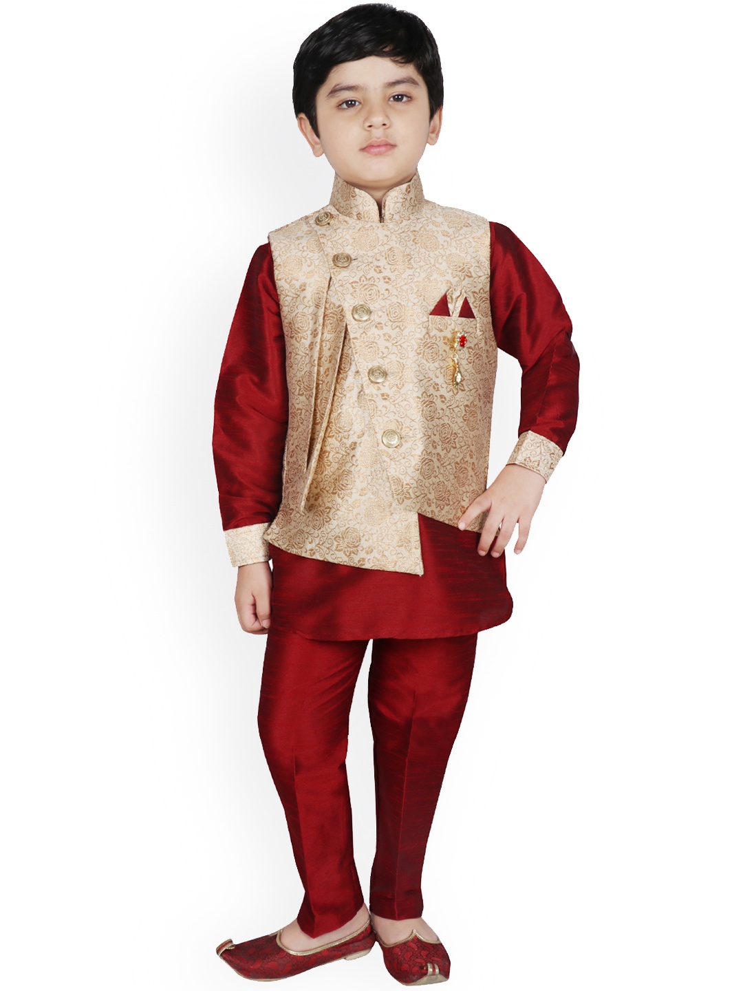 

SG YUVRAJ Boys Maroon & Beige Solid Pathani Kurta with Trousers & Jacket