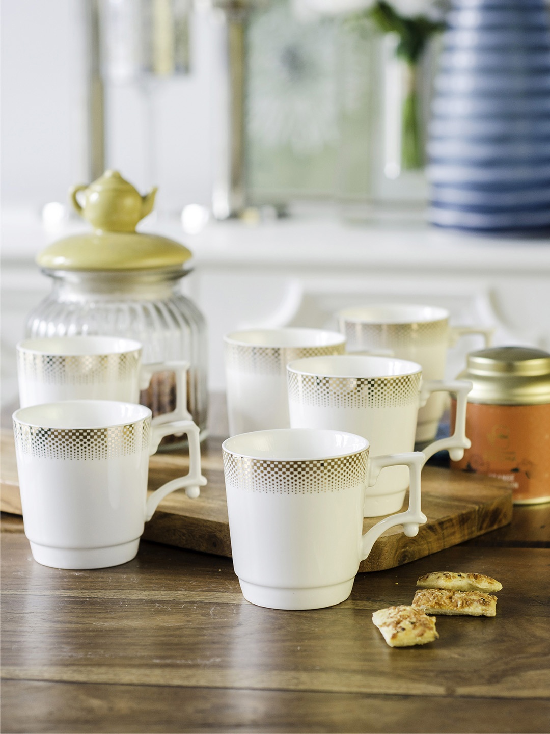 White Gold Set Of 6 White & Golden Hand Painted Tea Cups