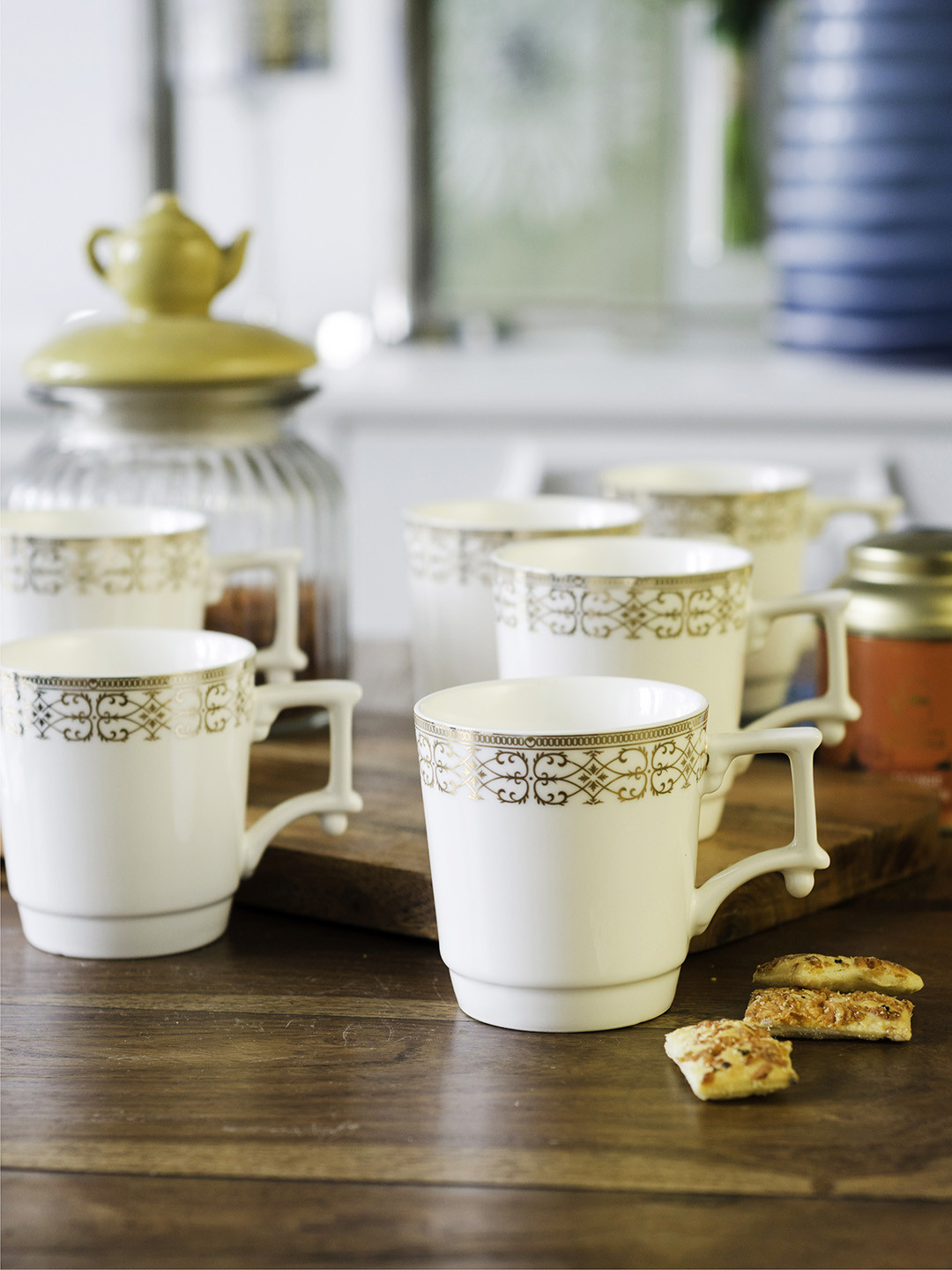 

White Gold Set Of 6 White & Golden Hand Painted Tea Cups