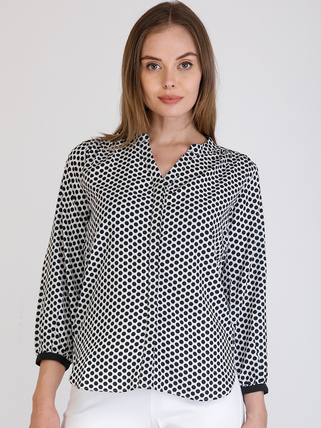 

Cottinfab Women White Polka Dot Printed Shirt Style Top