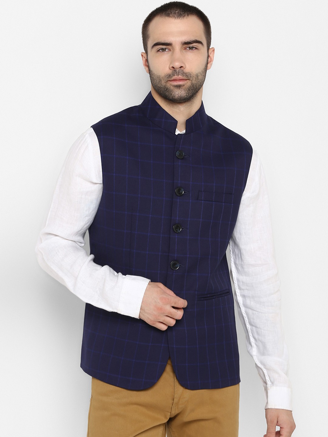 

Red Tape Men Navy Blue Checked Woven Nehru Jacket
