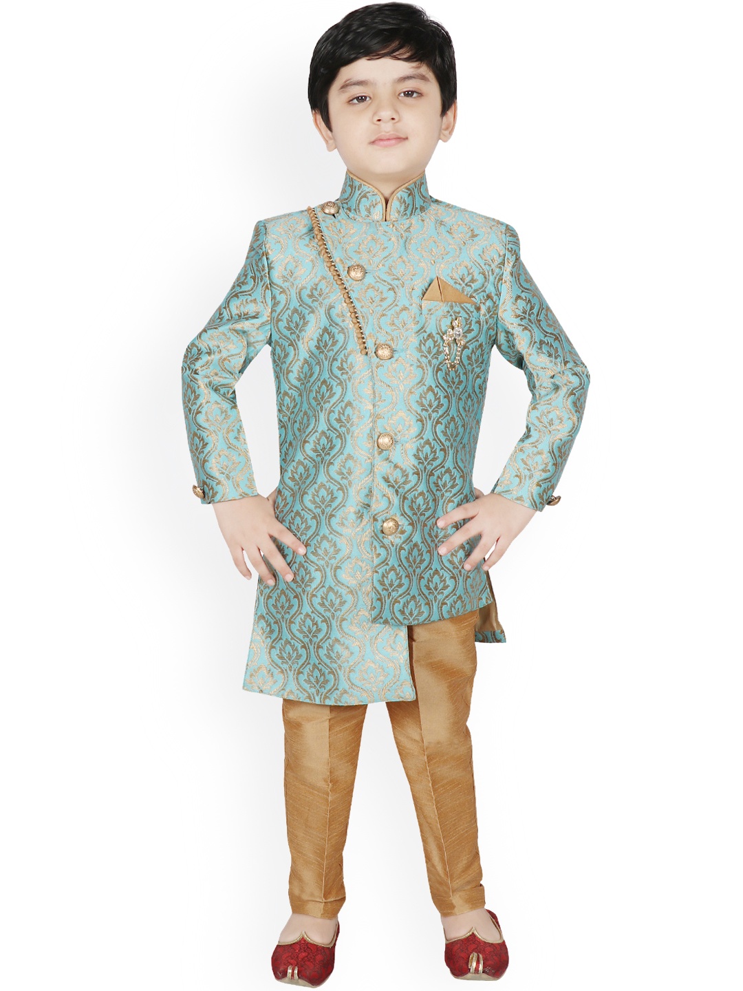 

SG YUVRAJ Boys Turquoise Blue & Brown Silk Woven Design Sherwani Set