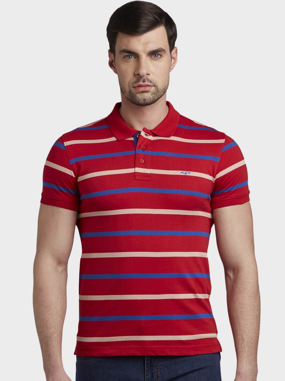 ColorPlus Men Red Striped Polo Collar Pure Cotton T-shirt