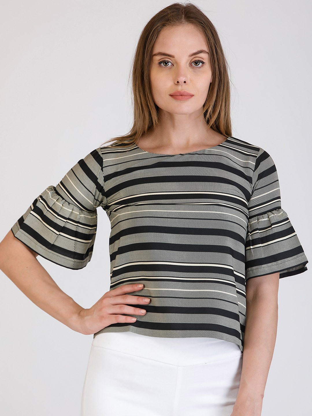 

Cottinfab Women Cream-Coloured & Black Striped Regular Top