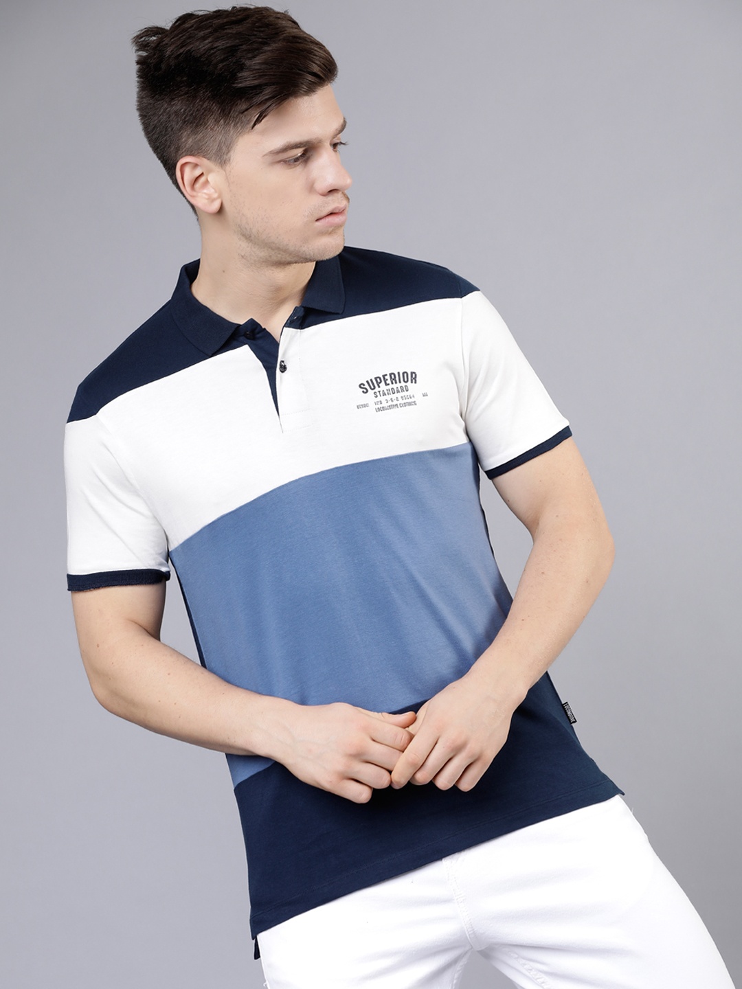 

LOCOMOTIVE Men Blue & White Colourblocked Polo Collar T-shirt