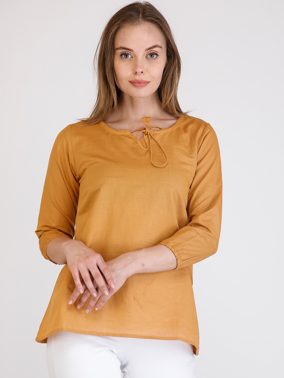 

Cottinfab Women Mustard Yellow Solid A-Line Top