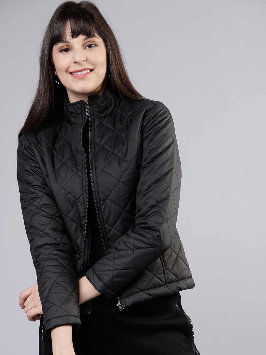 

Tokyo Talkies Women Black Solid Quilted Jacket