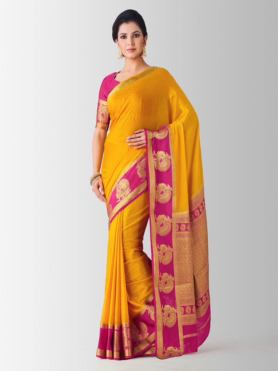

MIMOSA Mustard & Pink Poly Crepe Woven Design Mysore Silk Saree