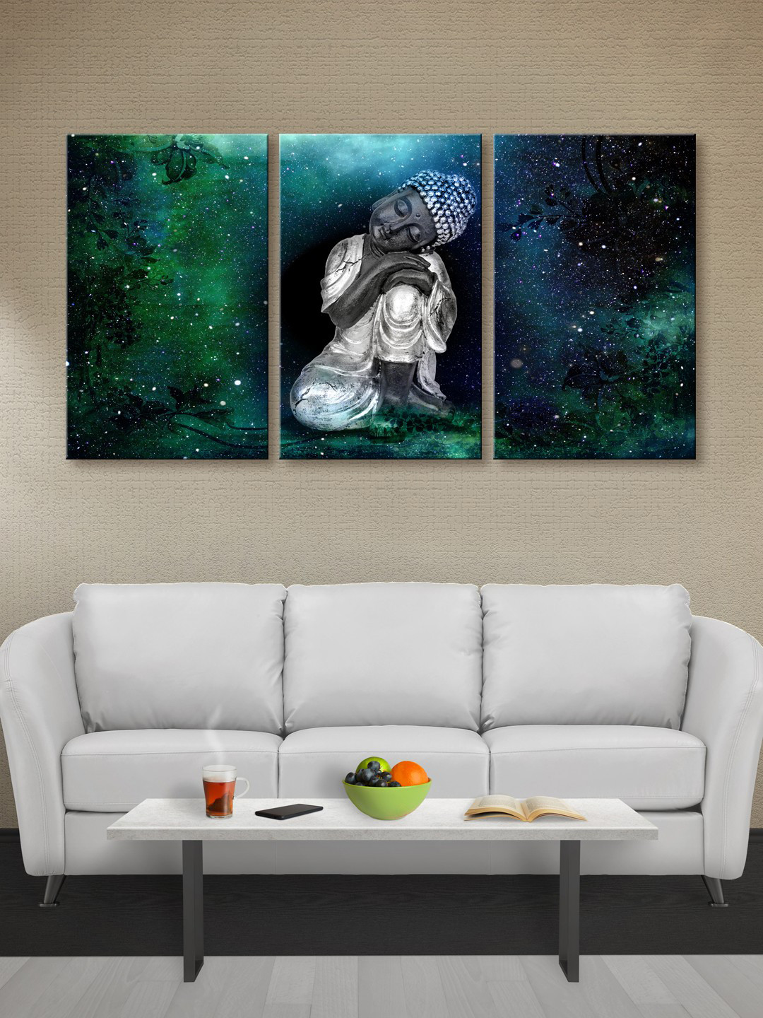 

999Store Green & Blue Set of 3 Lord Buddha Canvas Wall Art
