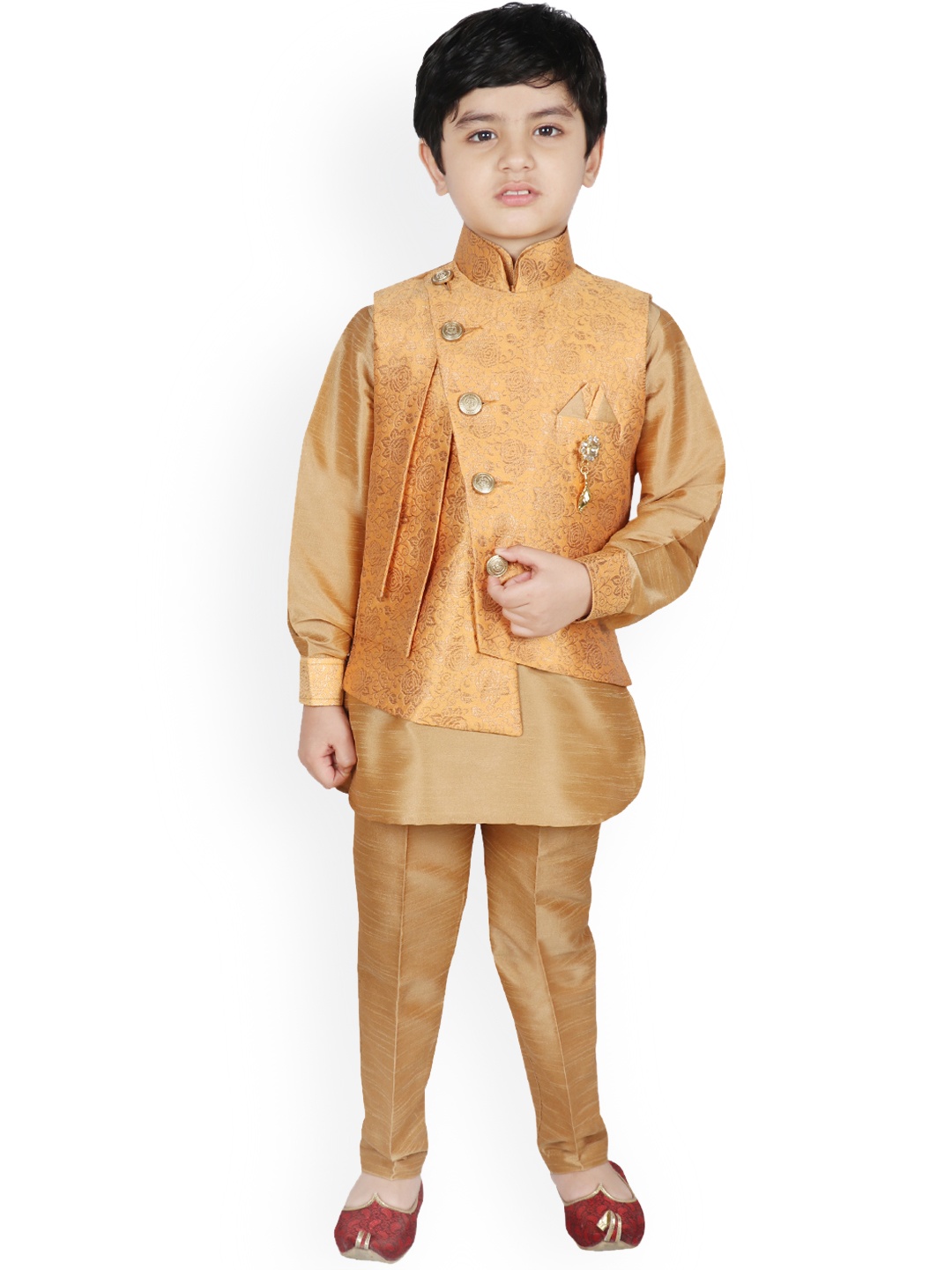 

SG YUVRAJ Boys Golden Self Design Kurta with Trousers & Jacket, Gold