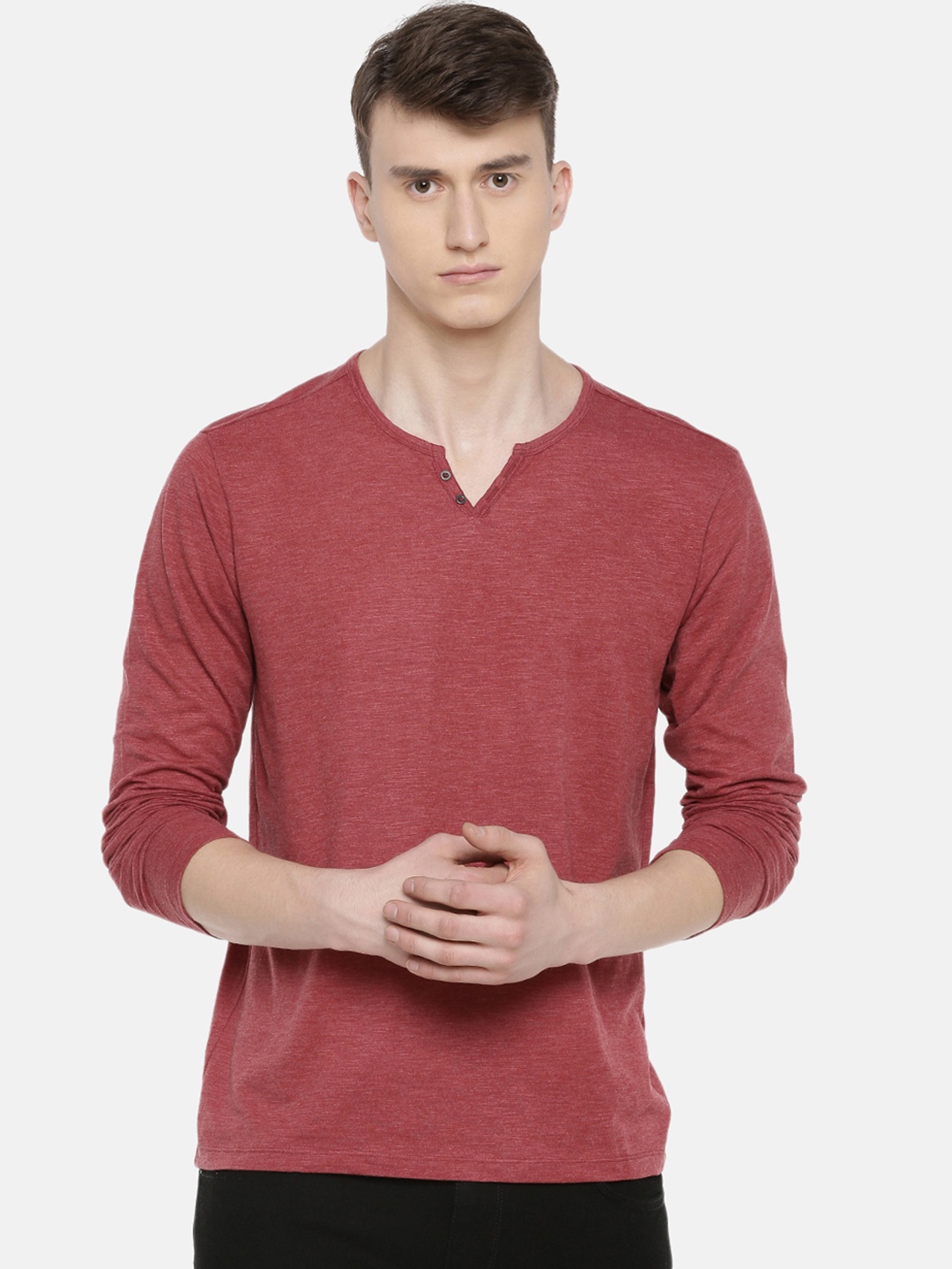 

Celio Men Red Solid Henley Neck Sustainable T-shirt