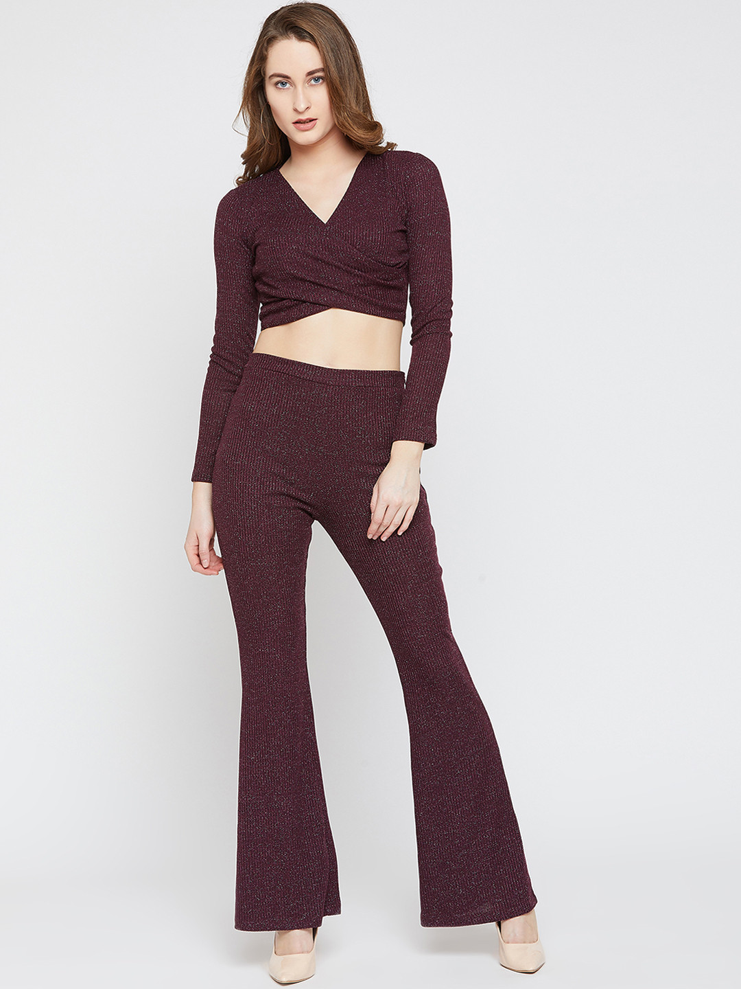 

Marie Claire Women Maroon Solid Crop Top with Flared Trousers