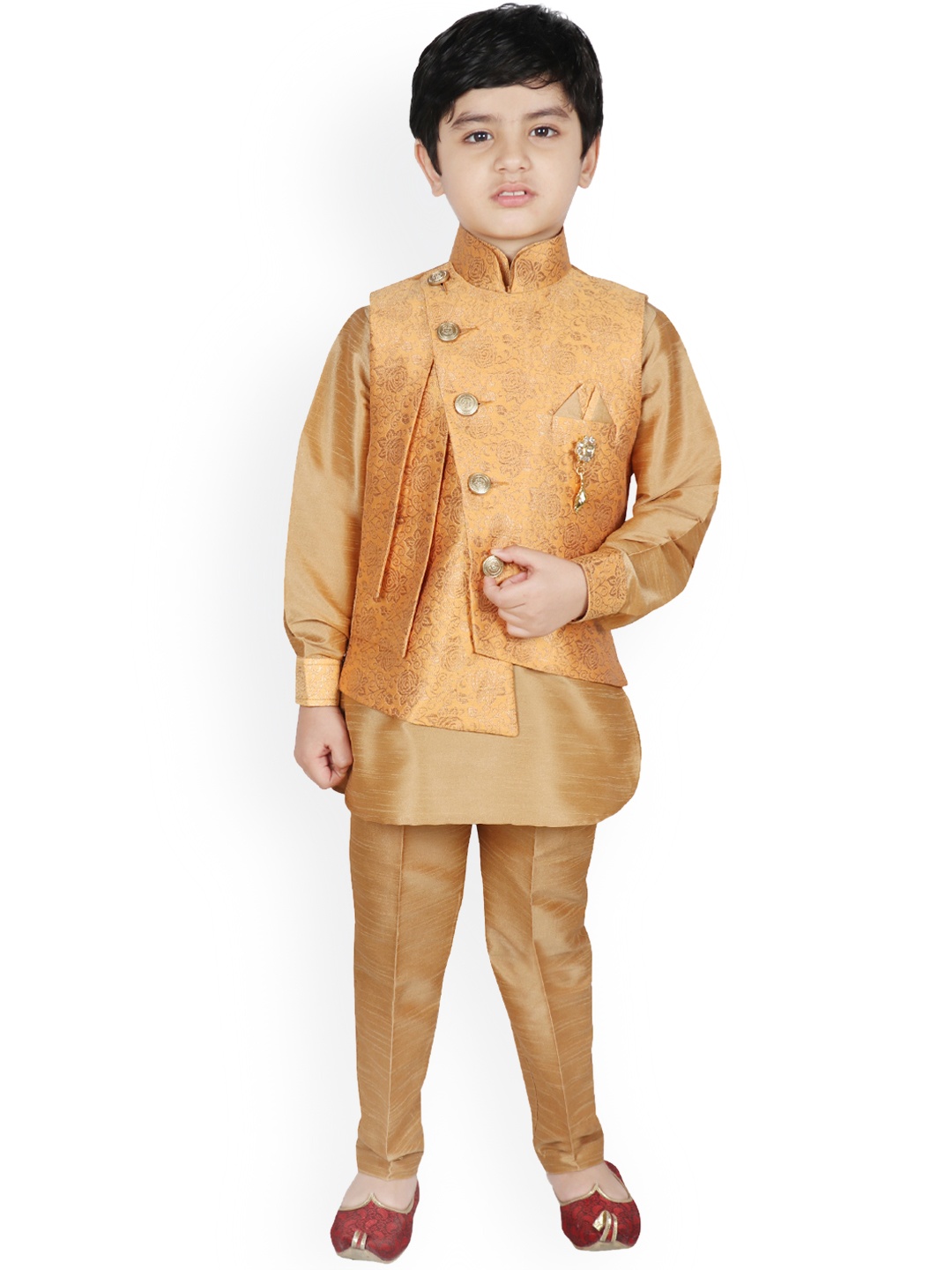 

SG YUVRAJ Boys Golden Self Design Kurta with Trousers & Jacket, Gold