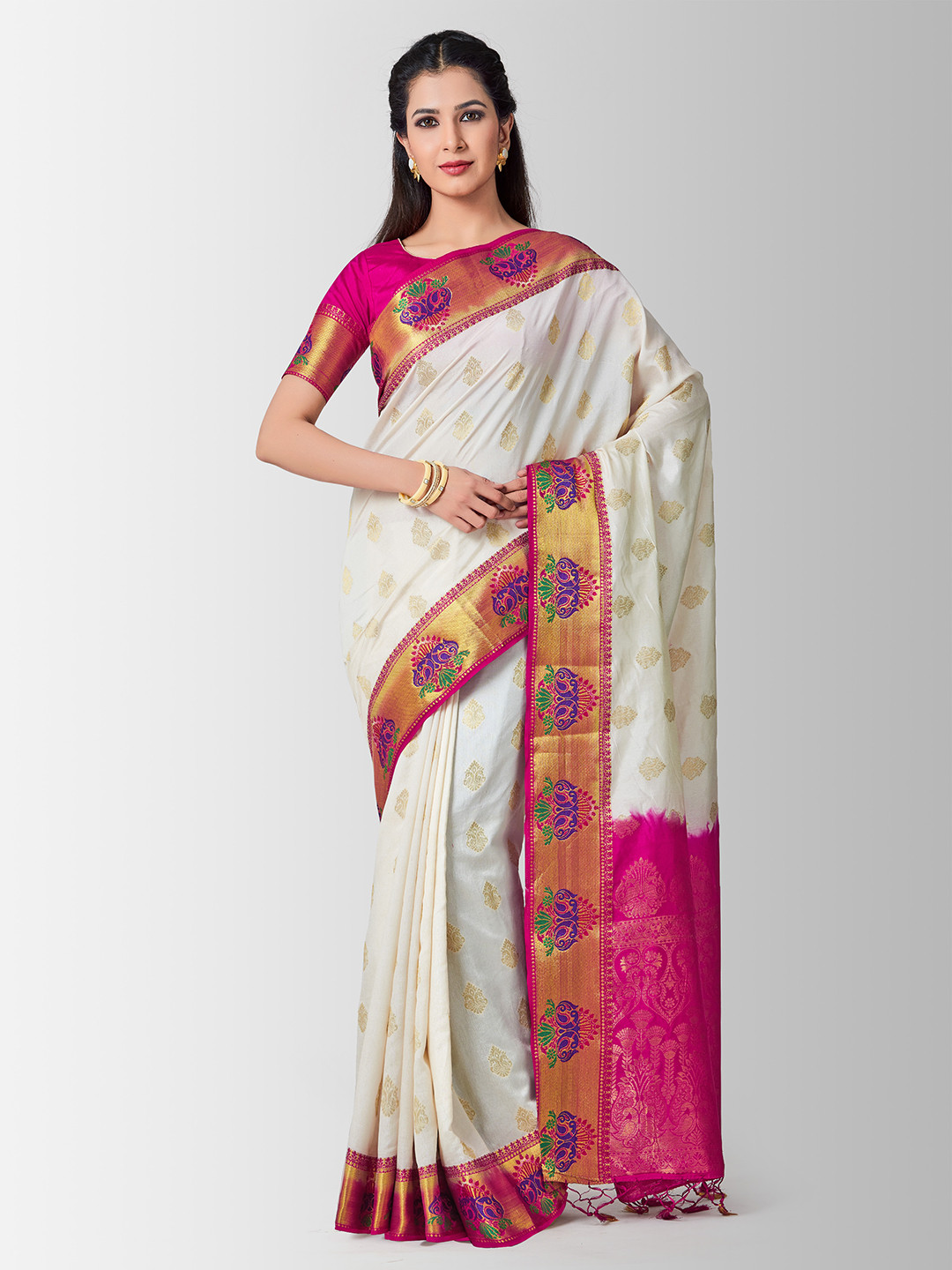 

MIMOSA White & Pink Art Silk Woven Design Kanjeevaram Saree