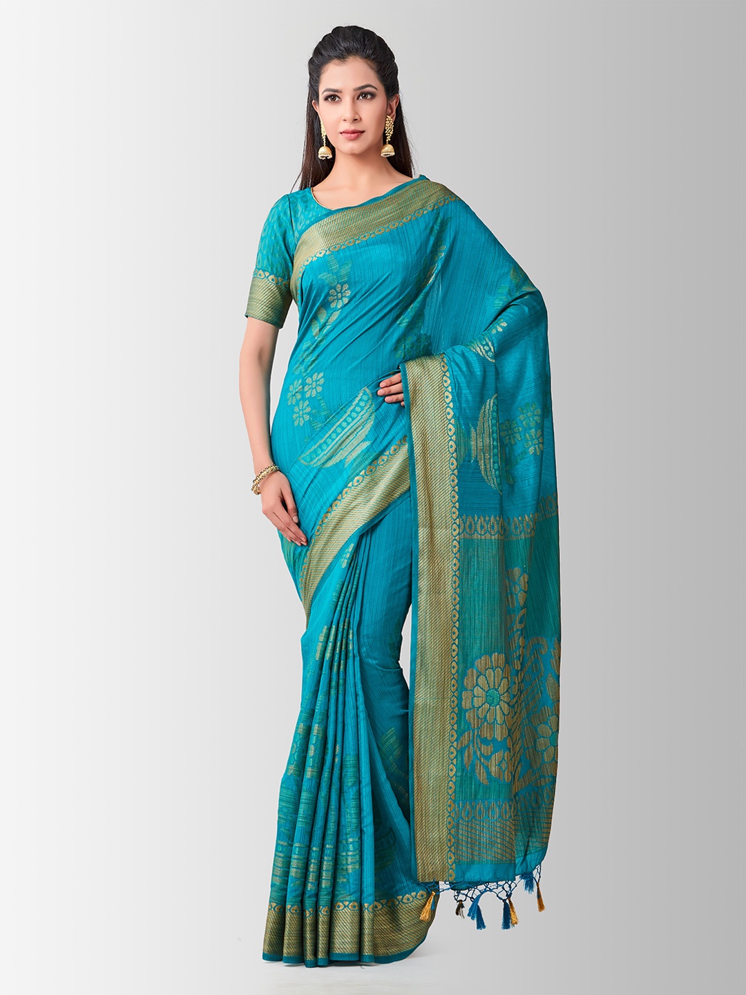 

MIMOSA Turquoise Blue & Beige Art Silk Woven Design Kanjeevaram Saree