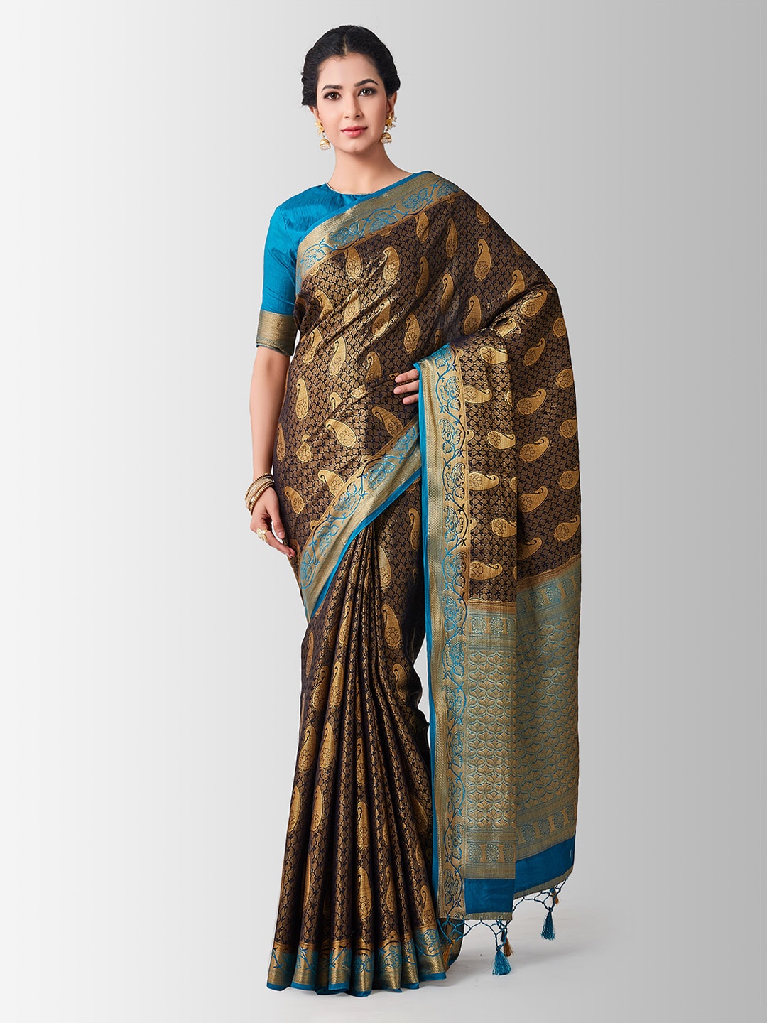 

MIMOSA Black & Brown Art Silk Woven Design Kanjeevaram Saree