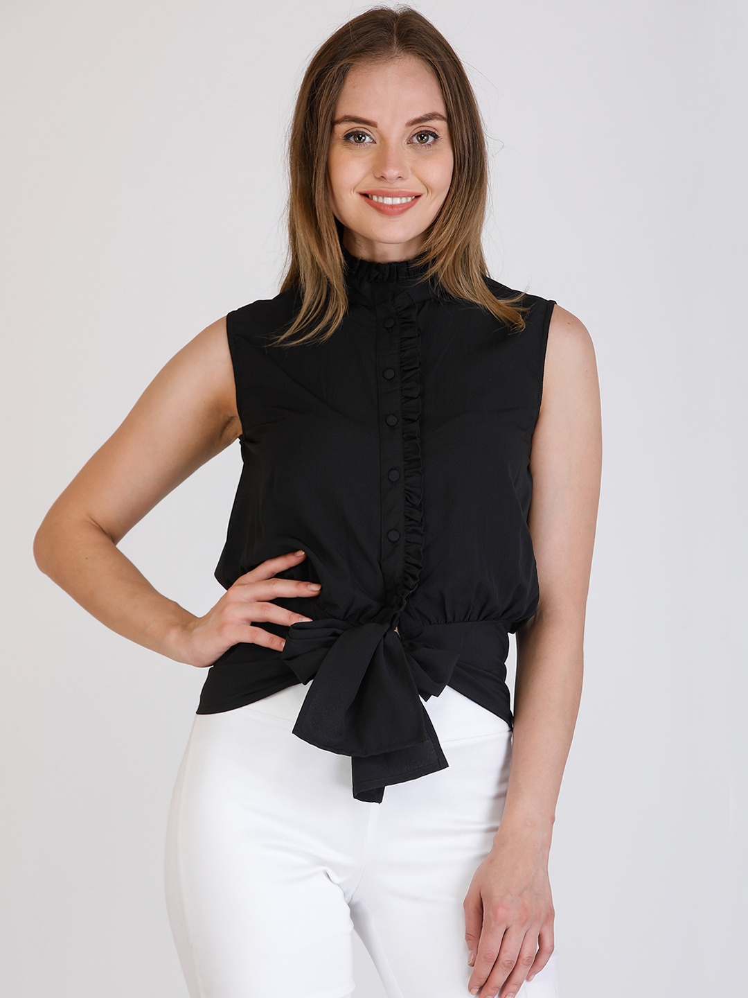 

Cottinfab Women Black Solid Shirt Style Top